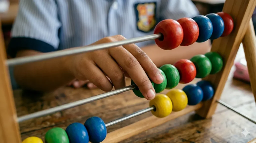 Close-up of a child using a premium wooden abacus to develop mental arithmetic and concentration