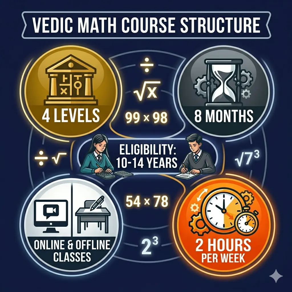 Advanced Vedic Math course roadmap detailing 4 levels over 8 months, 2 hours per week, for ages 10-14, set against a deep cosmic indigo background with glowing math symbols.