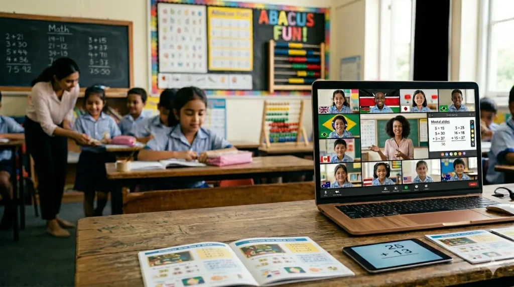 A vibrant learning environment showing students mastering Abacus and Vedic Math, representing Little Mighty Brains' hybrid online and Hyderabad-based classes