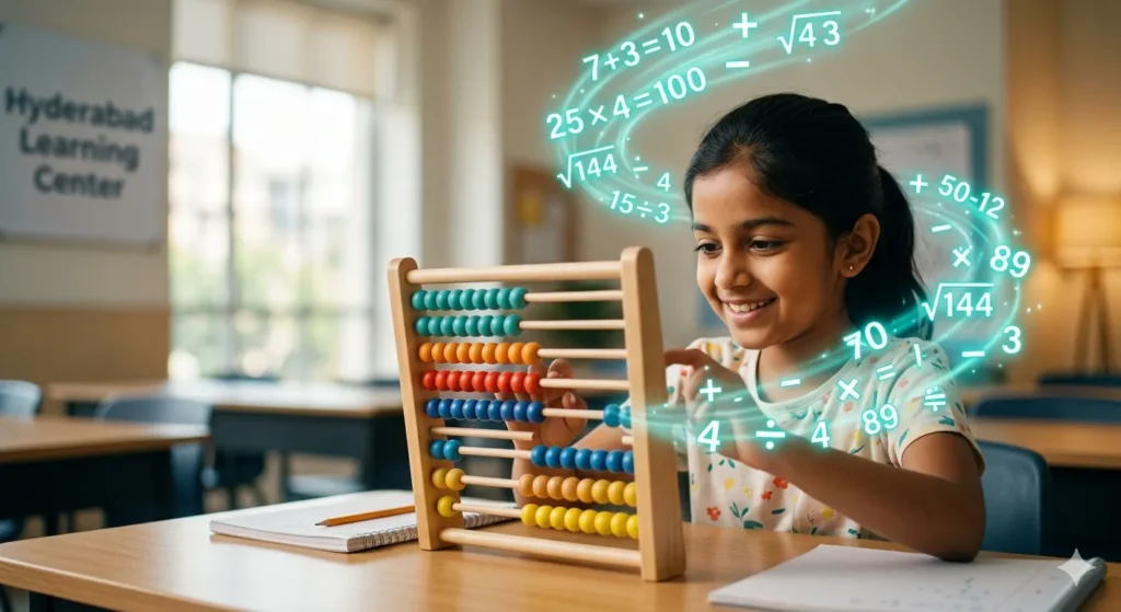 Mental arithmetic flow visualization around a student mastering abacus calculations in a modern classroom